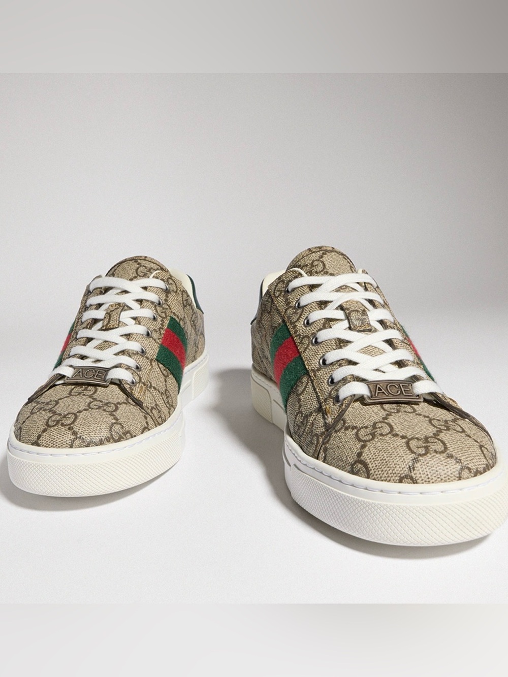 Gucci Beige GG Canvas Low-Top Sneakers with Red & Green Web Stripe